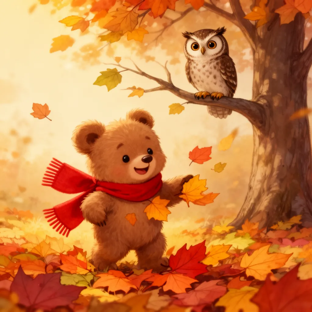 A cute little fluffy bear wearing a red scarf playing in colorful autumn leaves, a wise owl sitting on a tree branch above, illustration for children's book, cozy autumn lighting