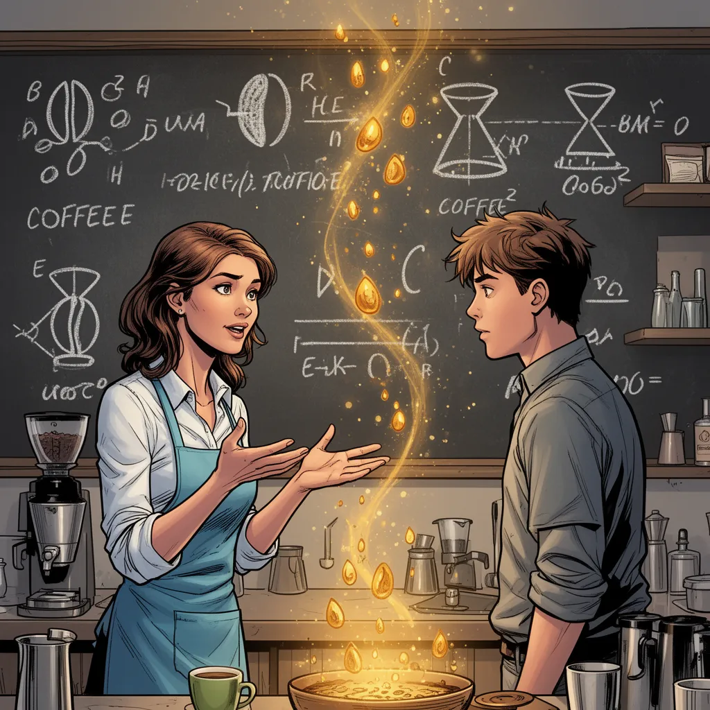 A female barista in a cool apron explaining coffee science to a young man, a chalkboard in the background showing coffee bean diagrams and extraction formulas, glowing golden coffee drops, magical atmosphere, highly detailed, Comic Stil