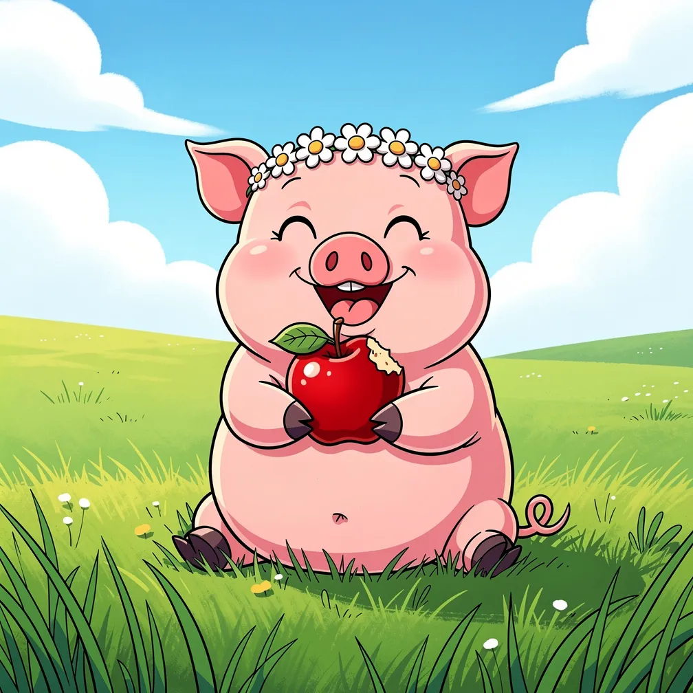 Comic style illustration of a super happy pig wearing a tiny daisy flower crown, eating a shiny red apple in a massive green grassy meadow under a bright blue sky