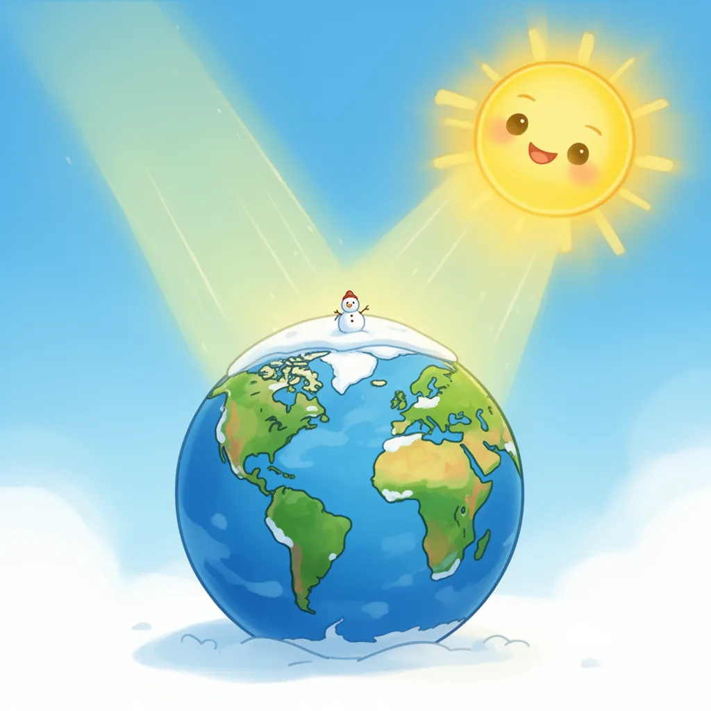 A bright glowing sun smiling in the sky with slanted light rays hitting a tilted Earth globe, the top part of the globe has a tiny snowman, cute educational illustration for kids, vibrant colors