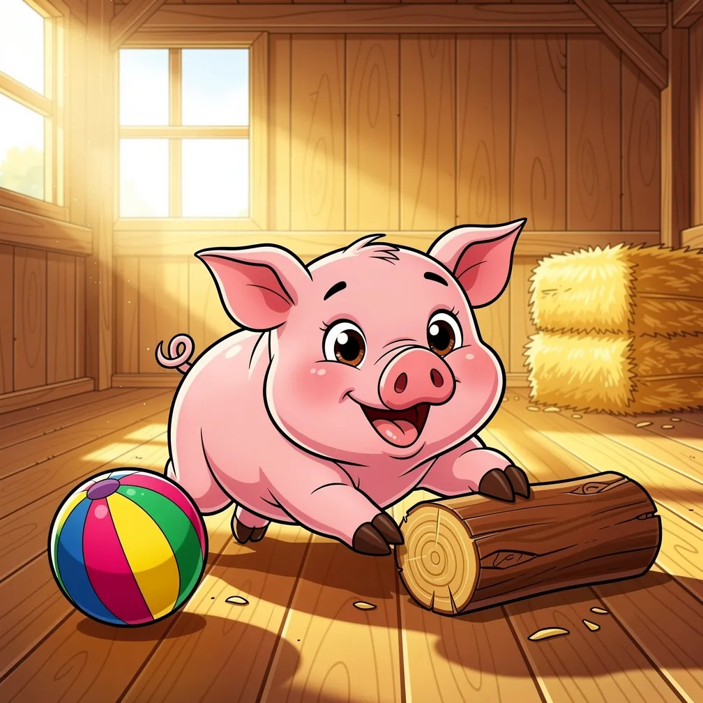 Comic style illustration of a cute, happy pink pig playing with a colorful ball and a piece of wood inside a cozy, clean wooden barn
