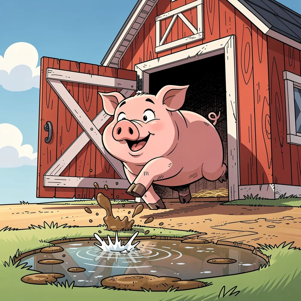 Comic style illustration of a joyful pig stepping out of a red barn door into a bright sunny yard, splashing playfully in a little mud puddle