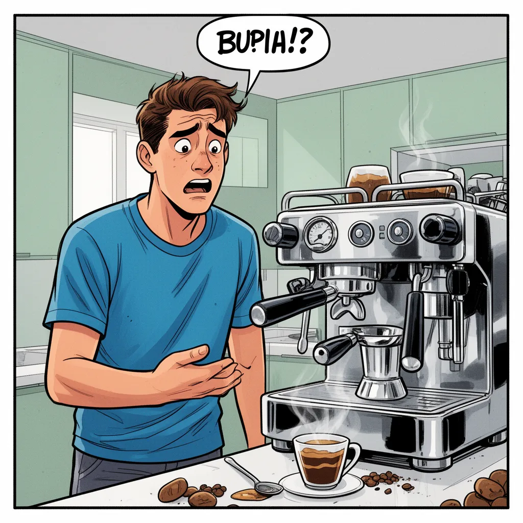 A frustrated young man standing in a modern kitchen looking confused at a large, shiny chrome professional espresso portafilter machine, bad coffee on the counter, bright colors, expressive faces, Comic Stil
