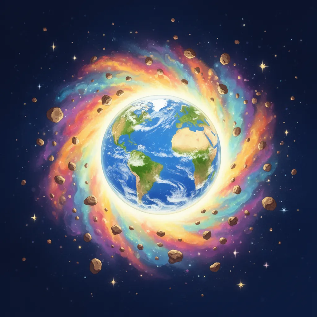 A glowing, swirling colorful cosmic cloud of space dust and small rocks forming into a bright round Earth, dark blue starry background, magical and educational illustration for young children