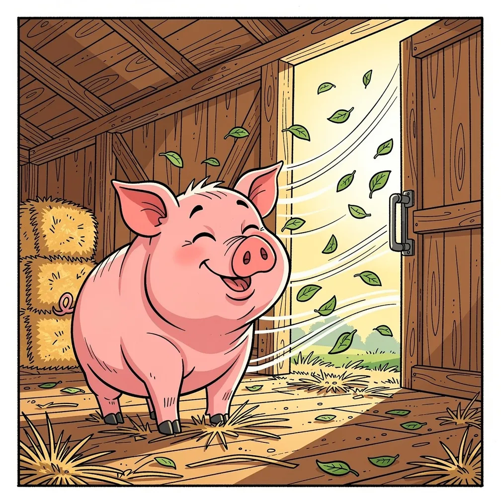 Comic style illustration of a happy pig standing inside a barn with a large open wall, enjoying a fresh cool breeze blowing in, green leaves flying around happily