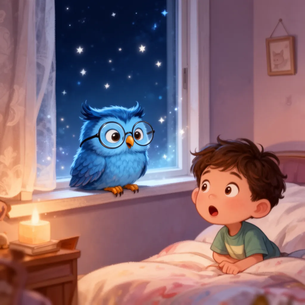 A tiny magical blue owl wearing round glasses sitting on a window sill at night, glowing stars outside, a little boy looking amazed, cozy bedroom, cute children book illustration style