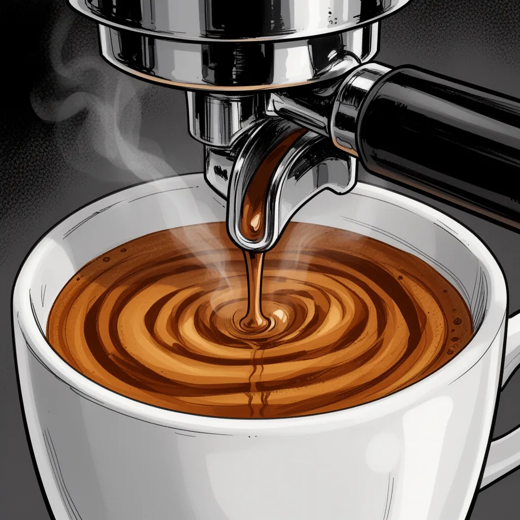 Extreme close up of rich, thick, hazelnut-brown espresso pouring from a shiny metal portafilter spout into a white ceramic cup, tiger stripes in the crema, dynamic lighting, steam rising, Comic Stil