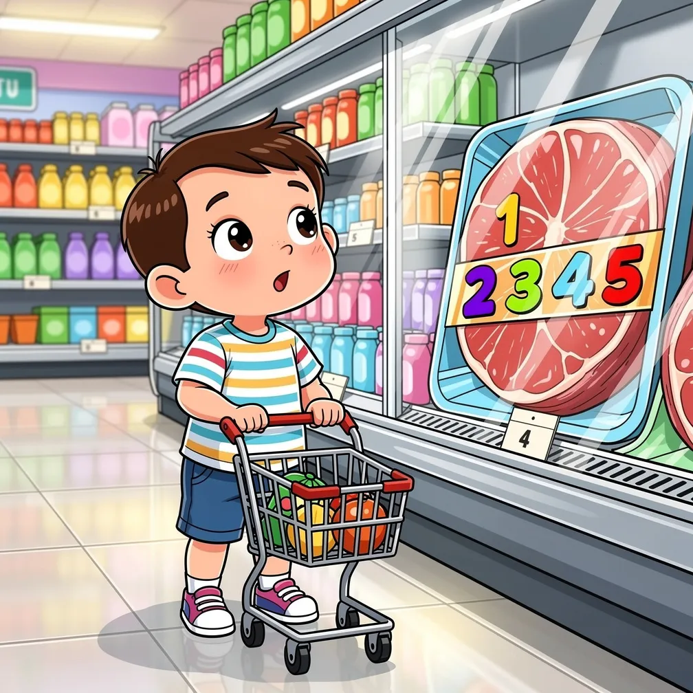 Comic style illustration of a cute little boy with a tiny shopping cart, looking curiously at a colorful meat package with big numbers 1 to 5 on it, inside a bright supermarket